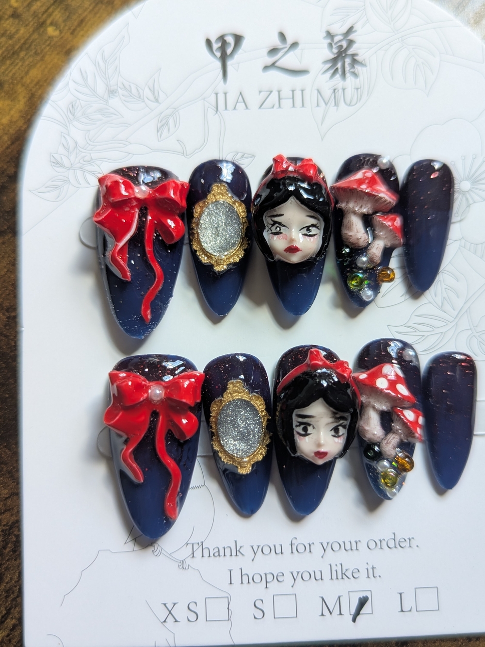 3D Hand-Painted Snow White Nail Set with Red Bows & Portrait Accents